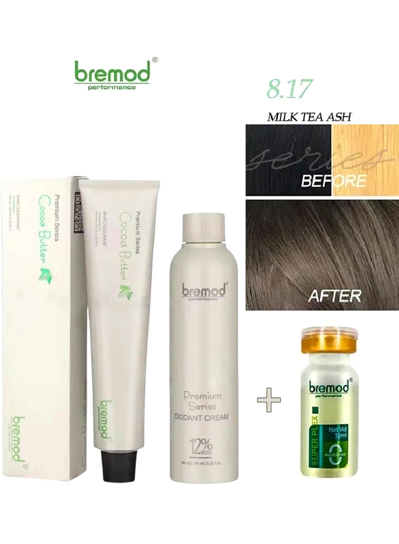 صبغة شعر بريمود بريميوم سيريز مع مؤكسد - 8.17 لون شاي الحليب الرمادي + مكمل سوبر بليكس كيراتين لتقوية وإصلاح الشعر 10 مل